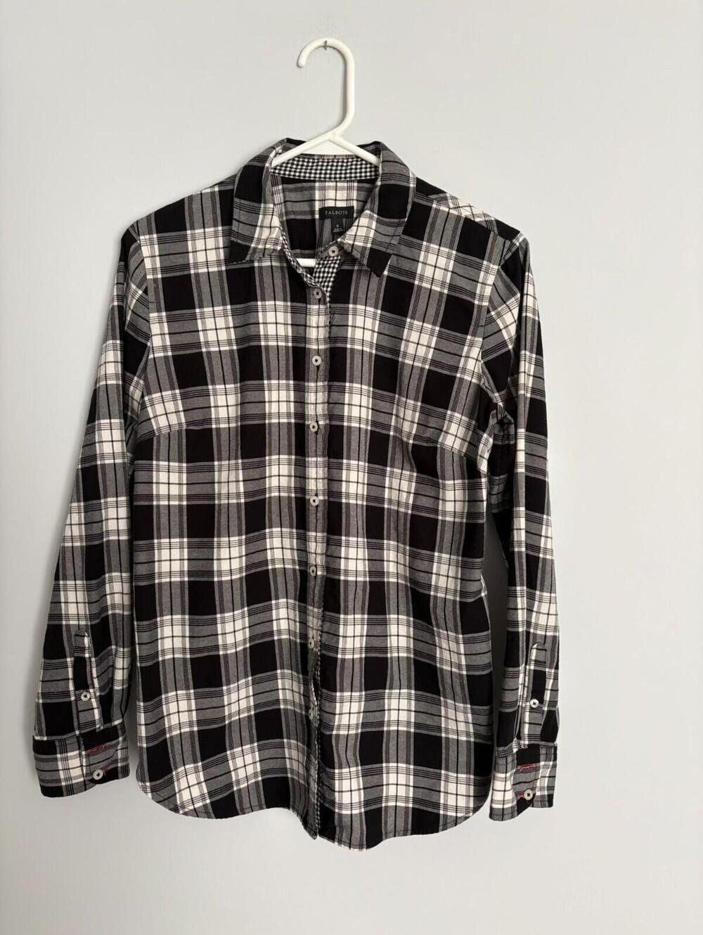 Talbots Black & White Plaid Button Down Shirt Long Sleeve Small 100% Cotton